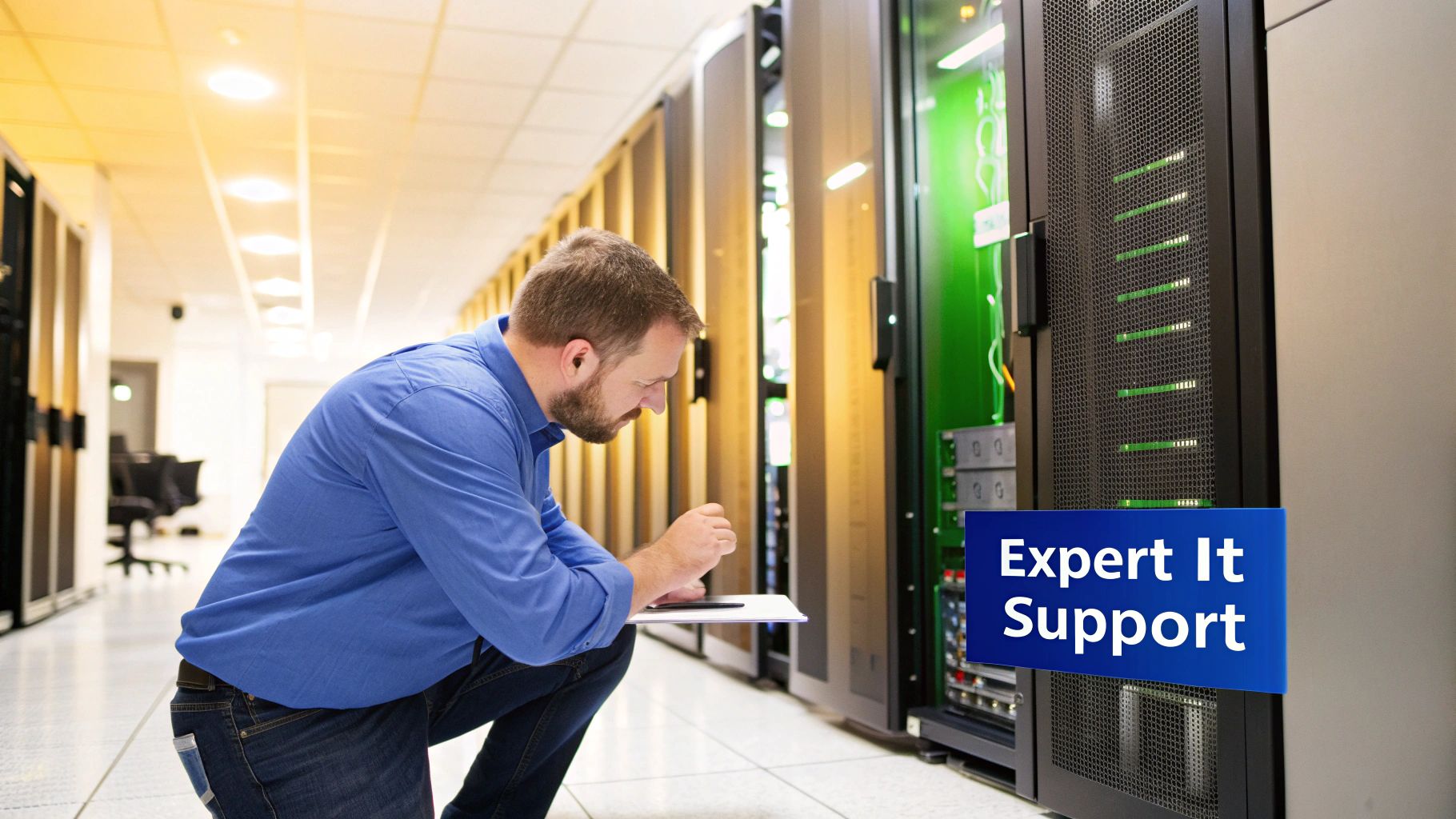 A team of IT professionals collaborating in a modern office environment.