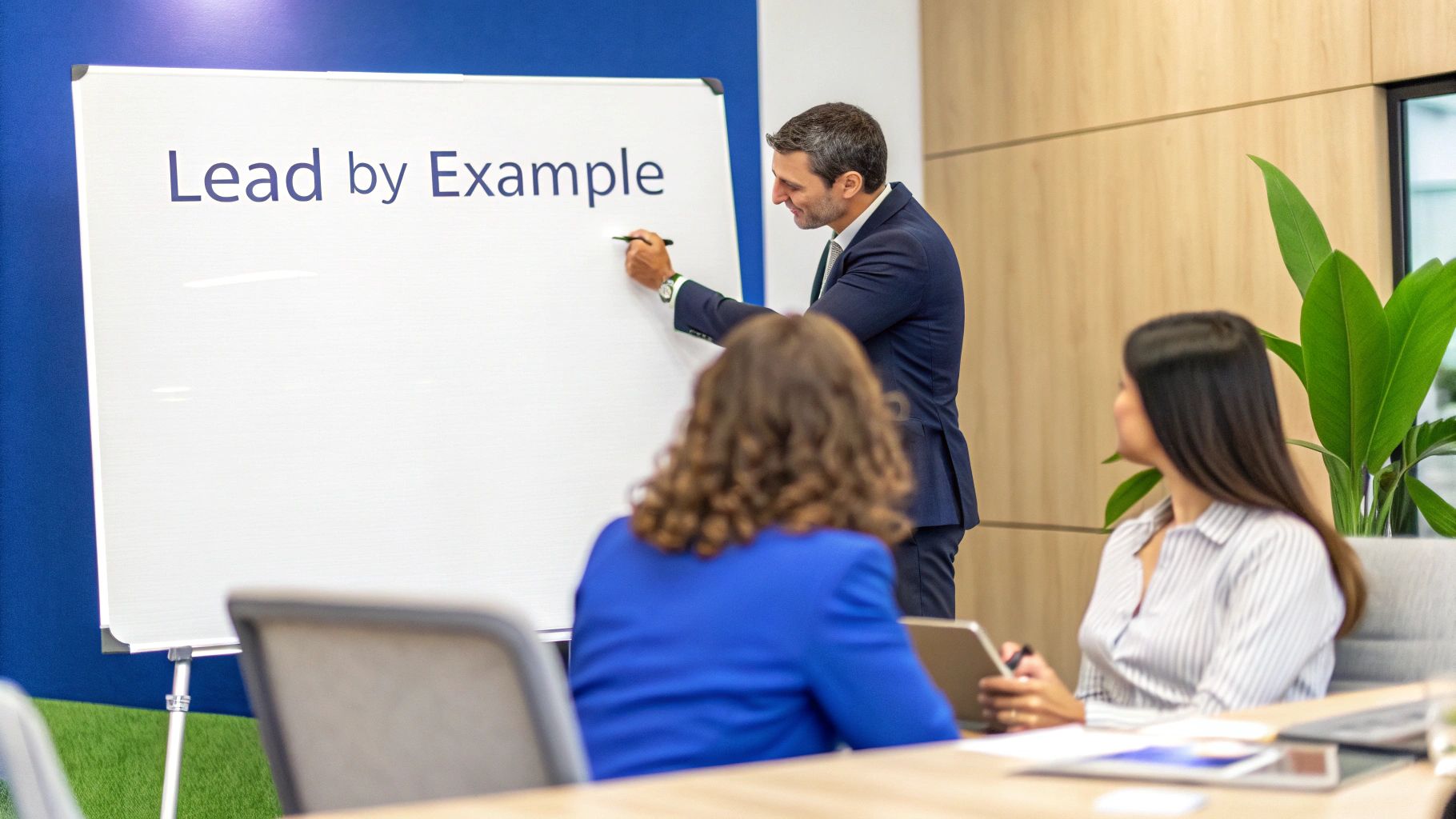 A diverse team looks on as their leader confidently takes charge during a meeting.