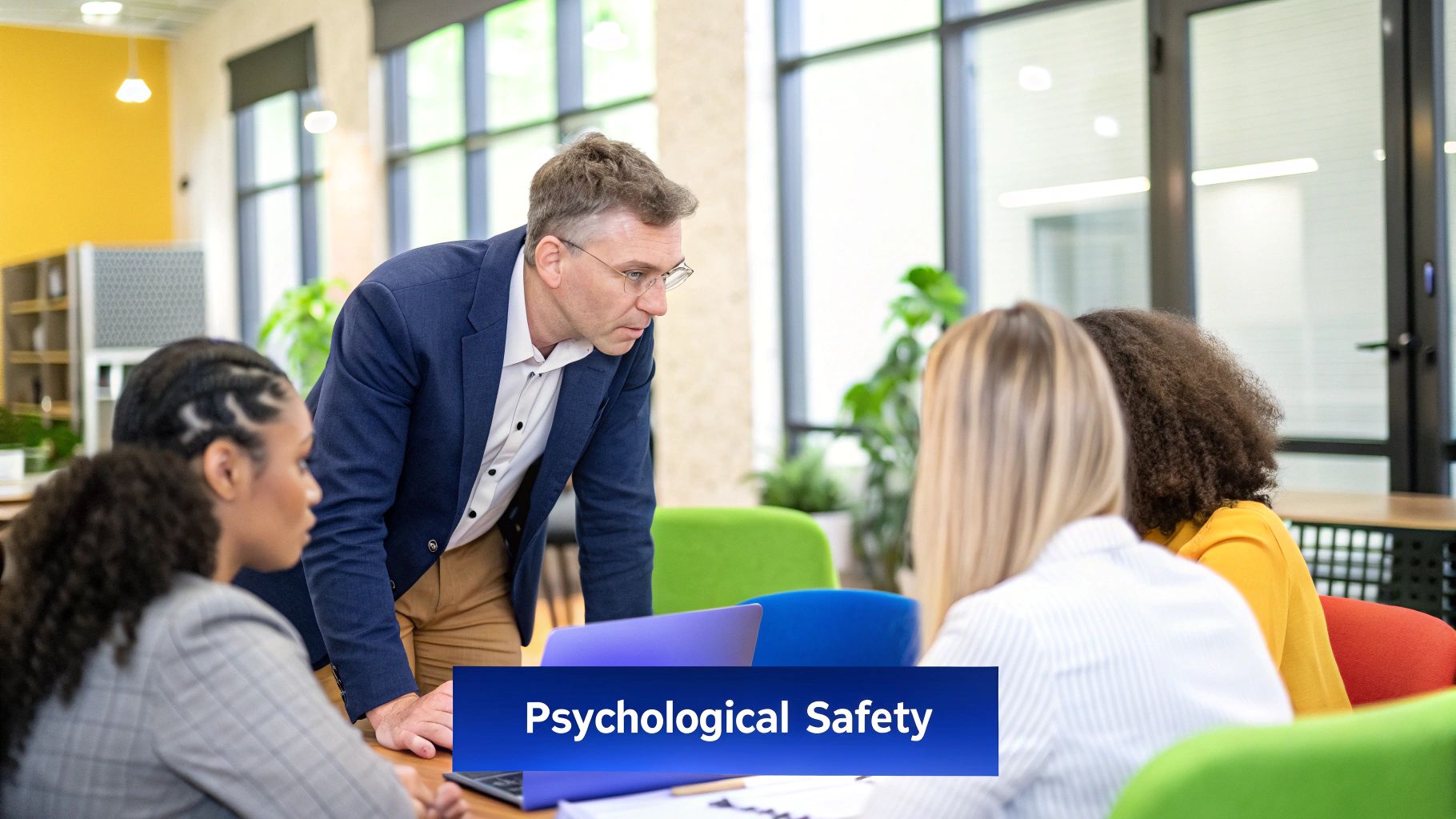 Team members collaborating in a safe and trusting environment, sharing ideas openly.