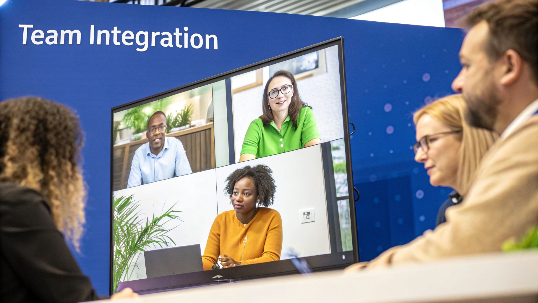 A diverse team collaborates in a modern office, working together on laptops and sharing ideas.
