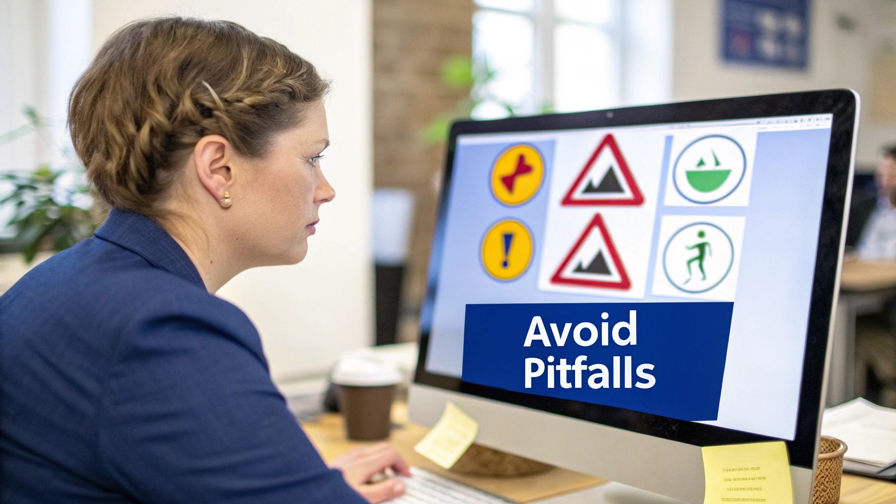 A professional looking concerned while reviewing a document on a laptop, symbolizing a business pitfall.
