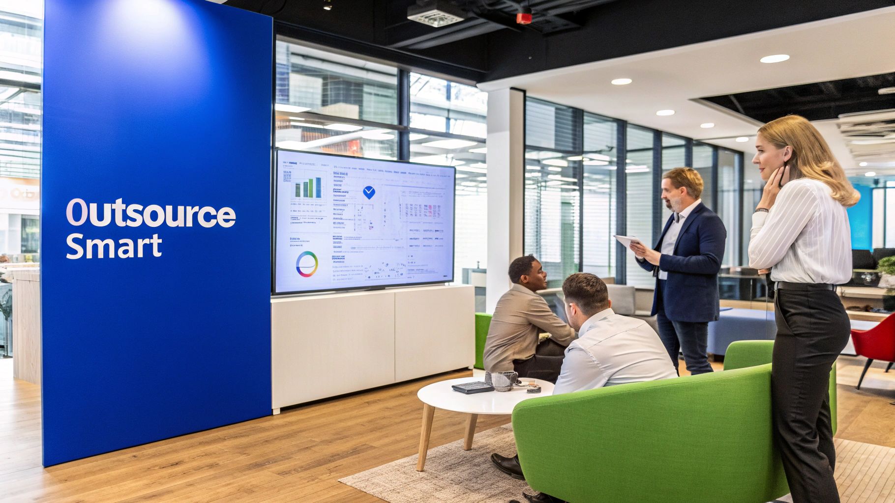 A group of professionals in a modern office collaborating on a project, representing a strategic business partnership.