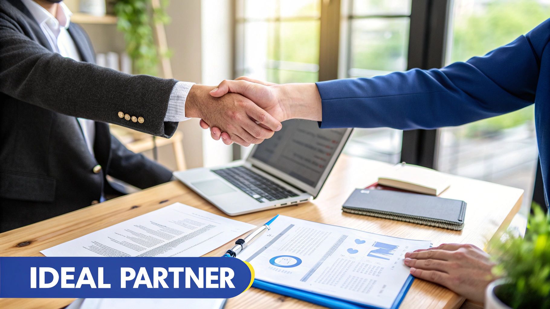 A group of professionals in a modern office collaborating on a project, representing a strategic business partnership.