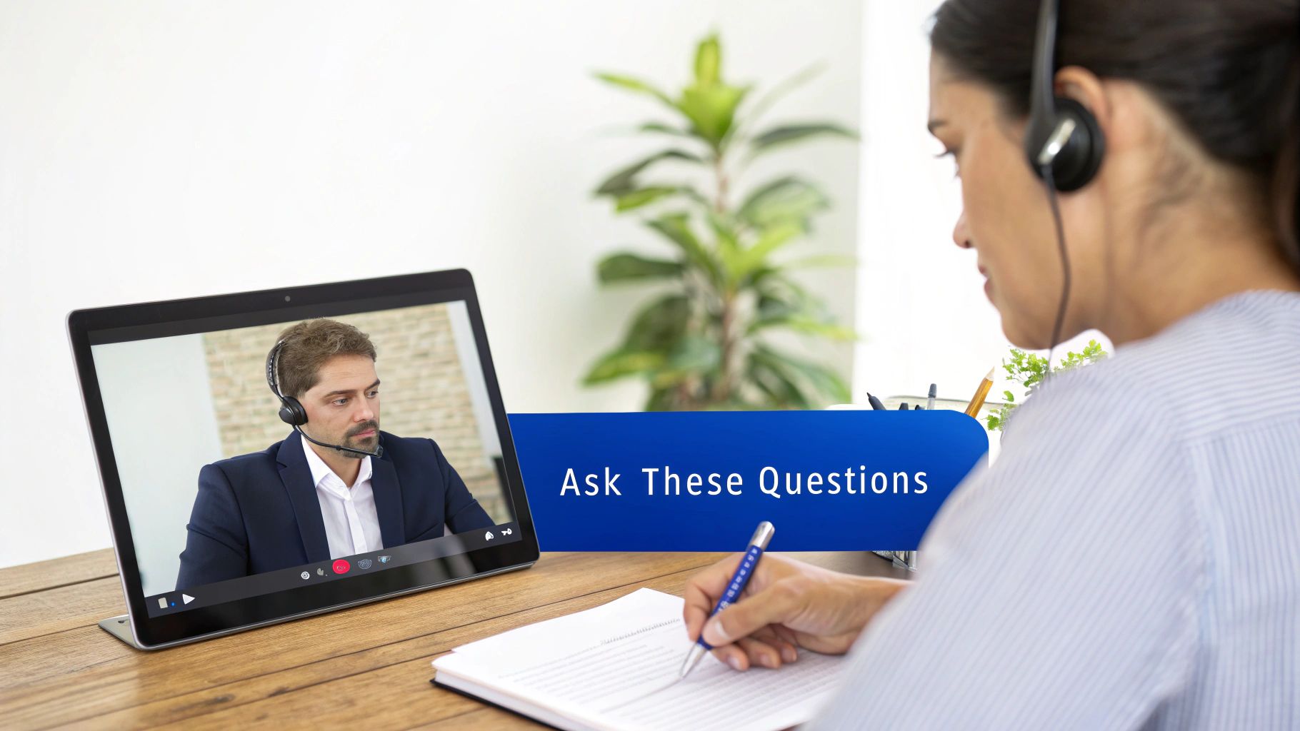 A person asking questions to a recruiter in a professional setting.