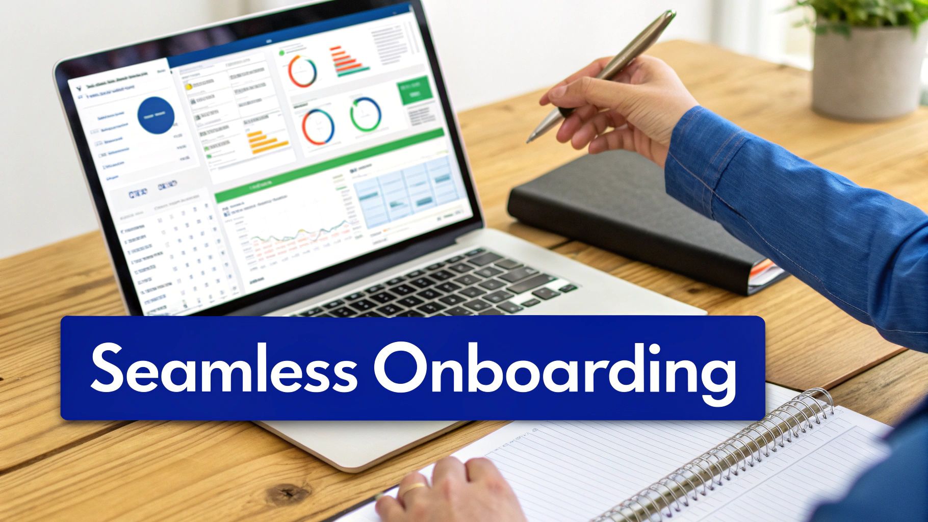 Two colleagues shaking hands over a desk with laptops and documents, representing a successful business partnership.