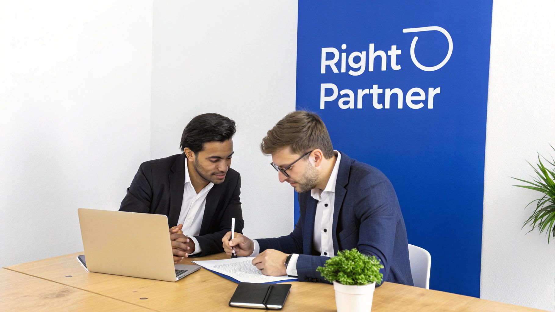 A person pointing to a flowchart on a screen, symbolising the process of selecting the right business partner.