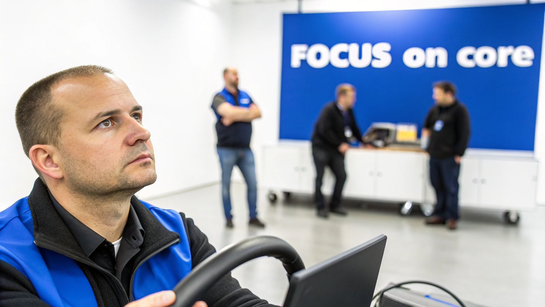 A team collaborating around a table with laptops and charts, illustrating a strategic business meeting.