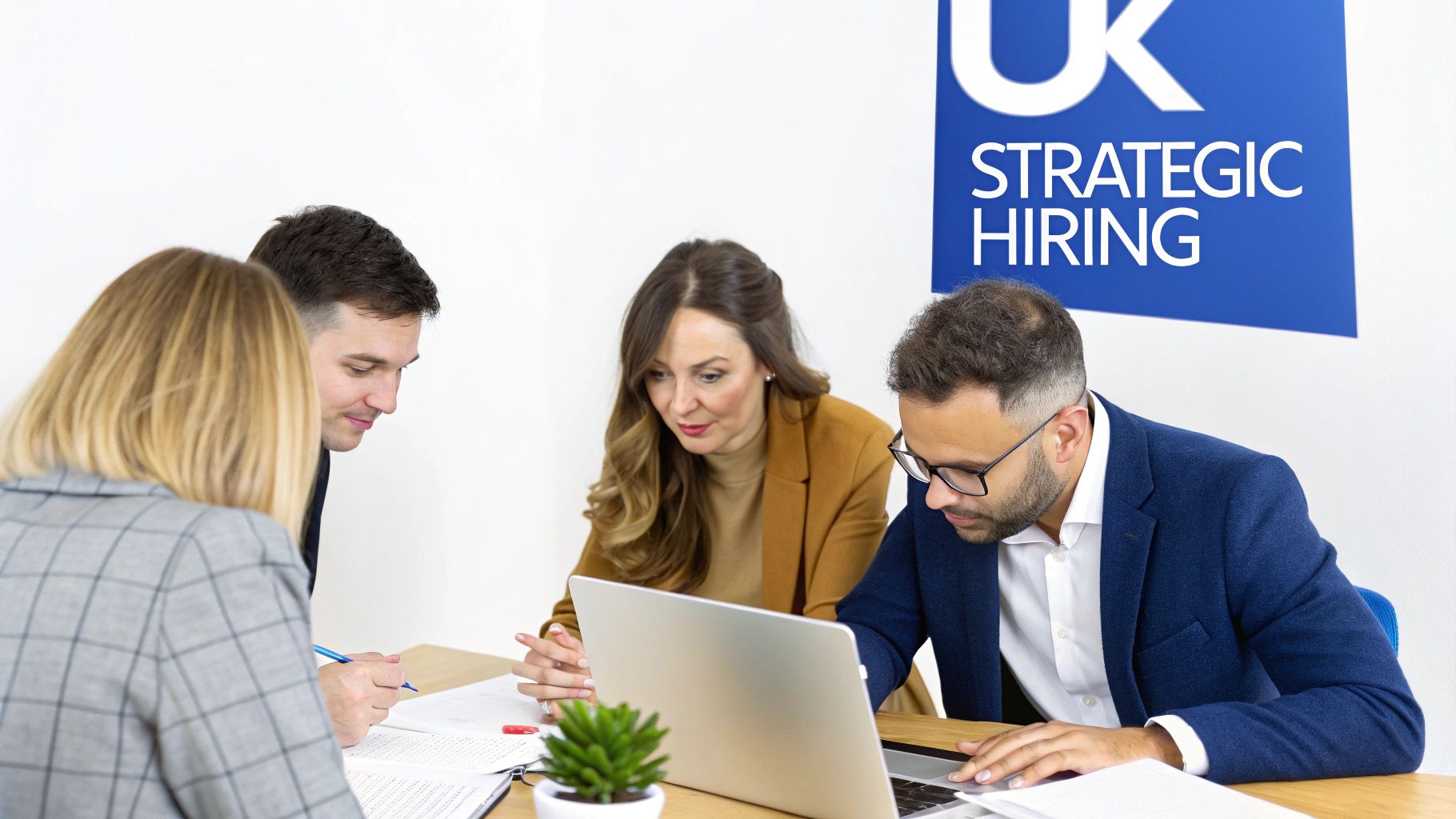 A group of professionals in a modern office, collaborating on a project, representing a strategic business partnership.