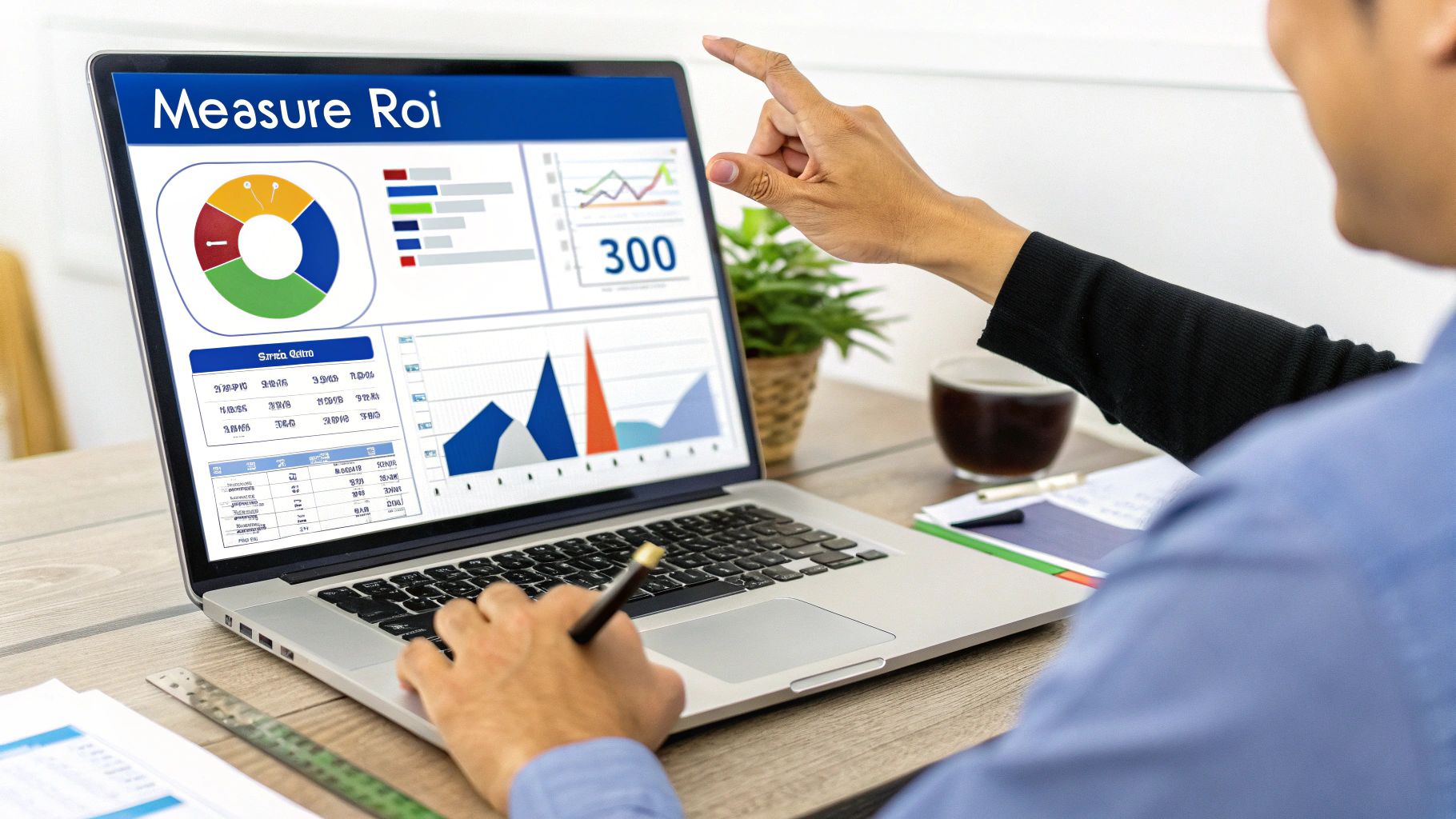 A dashboard showing various recruitment metrics like time-to-hire and cost-per-hire, indicating data-driven ROI measurement.