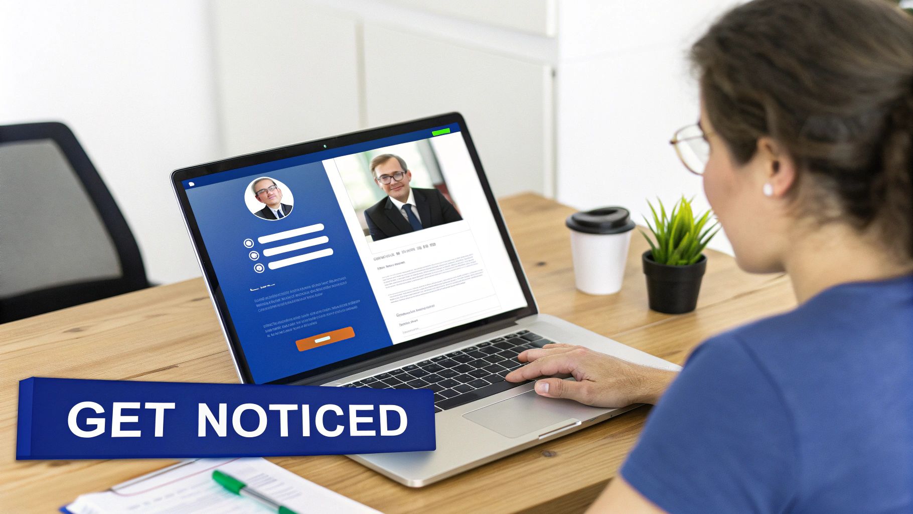 A professional looking thoughtful, with a network graphic overlaid, representing being on a headhunter's radar.