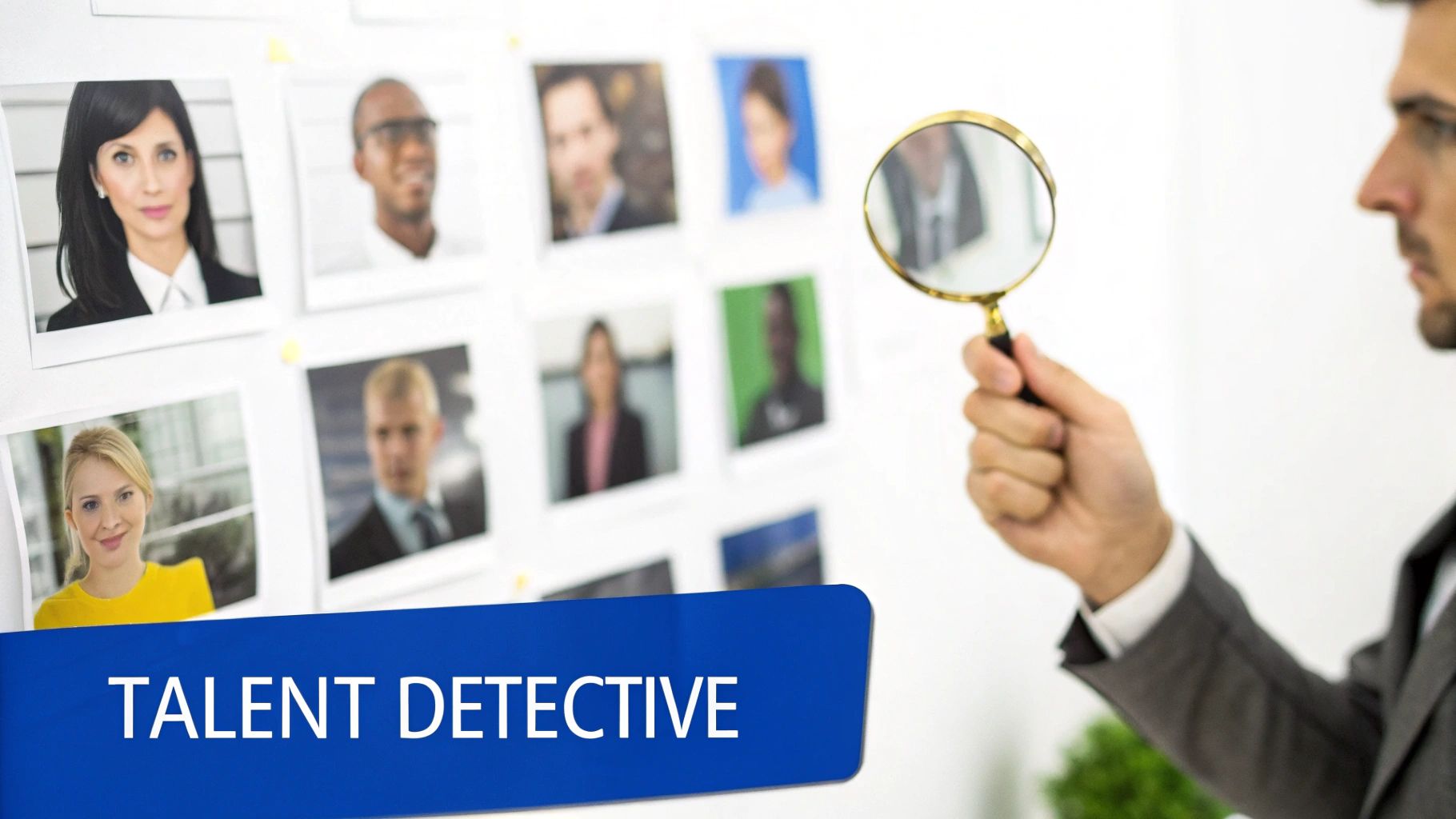 A professional headhunter reviewing candidate profiles on a digital tablet in a modern office.