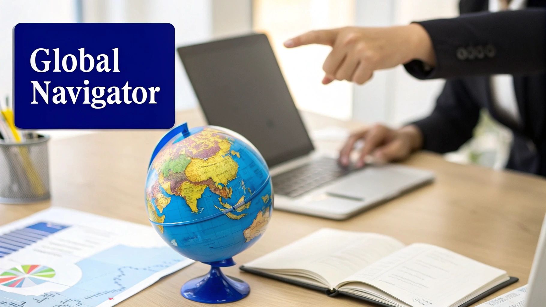 Group of professionals collaborating in a modern office, representing global teamwork.