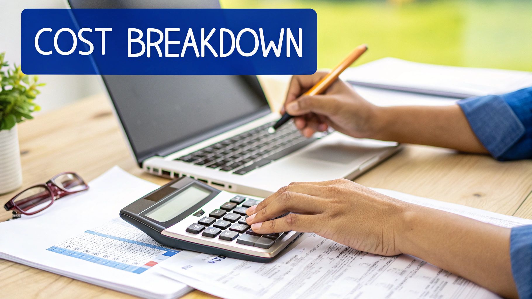A person using a calculator with financial charts and graphs in the background, representing budget planning for outsourcing.