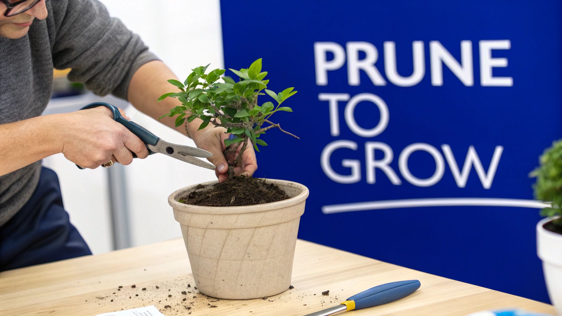 A gardener carefully pruning a plant to encourage new growth, representing strategic cost reduction