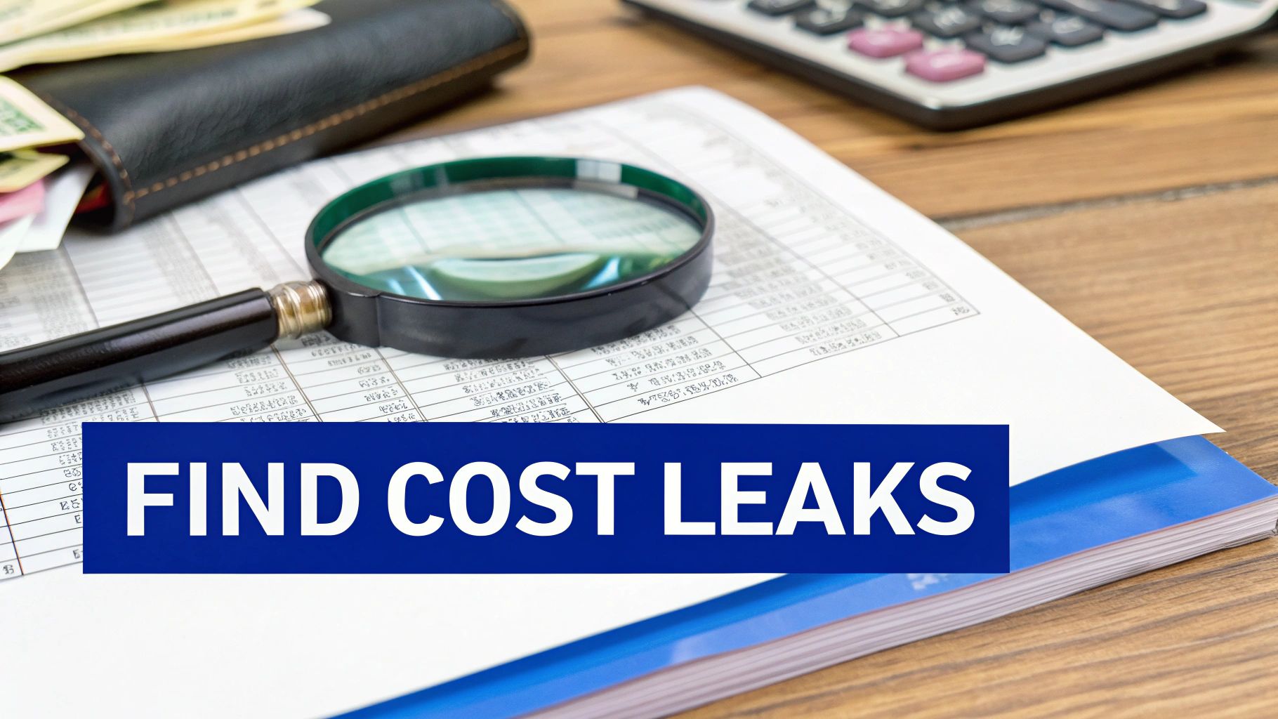 A magnifying glass hovering over a business financial report, highlighting areas of hidden costs