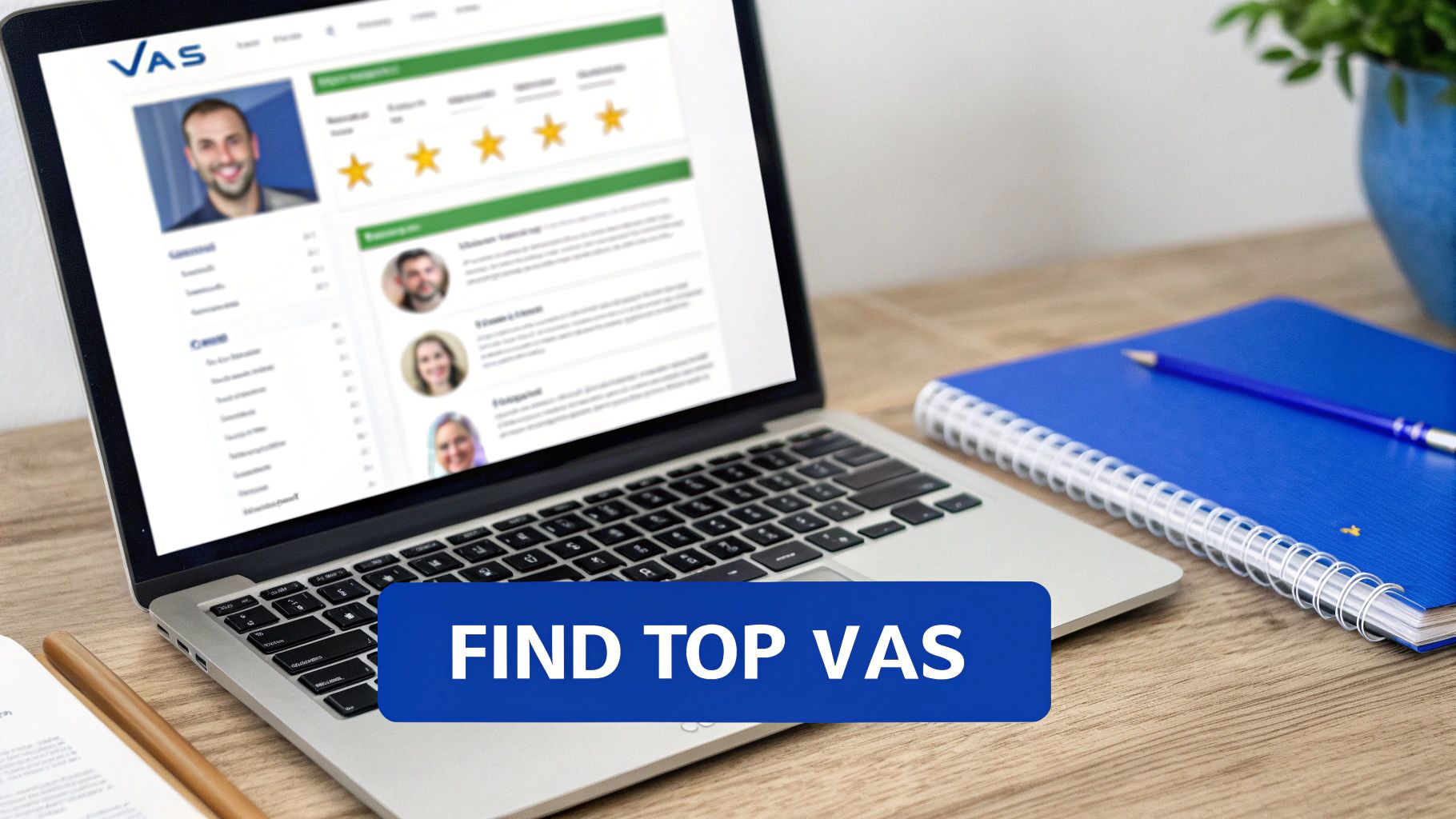 A person working on a laptop in a modern office, representing the process of finding and vetting virtual assistants.