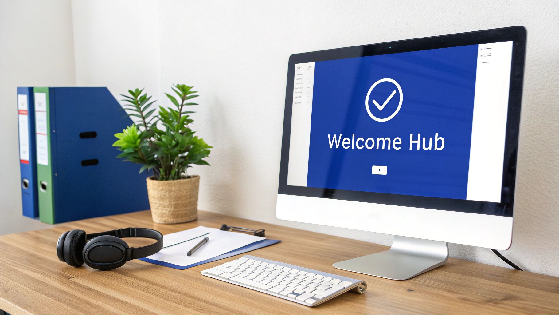 A person working from home, smiling while looking at a laptop, illustrating a successful virtual assistant setup.