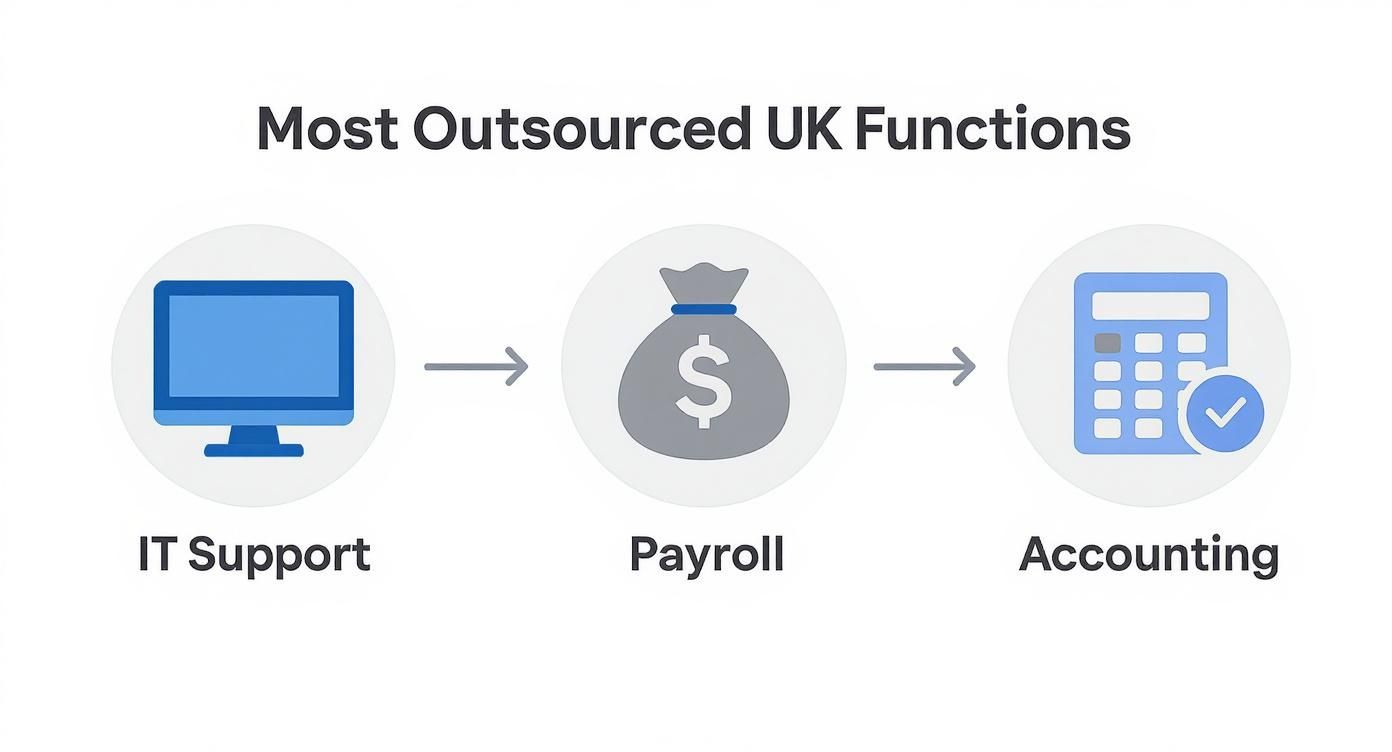 Infographic showing the process flow of most outsourced UK functions: IT Support, Payroll, and Accounting.