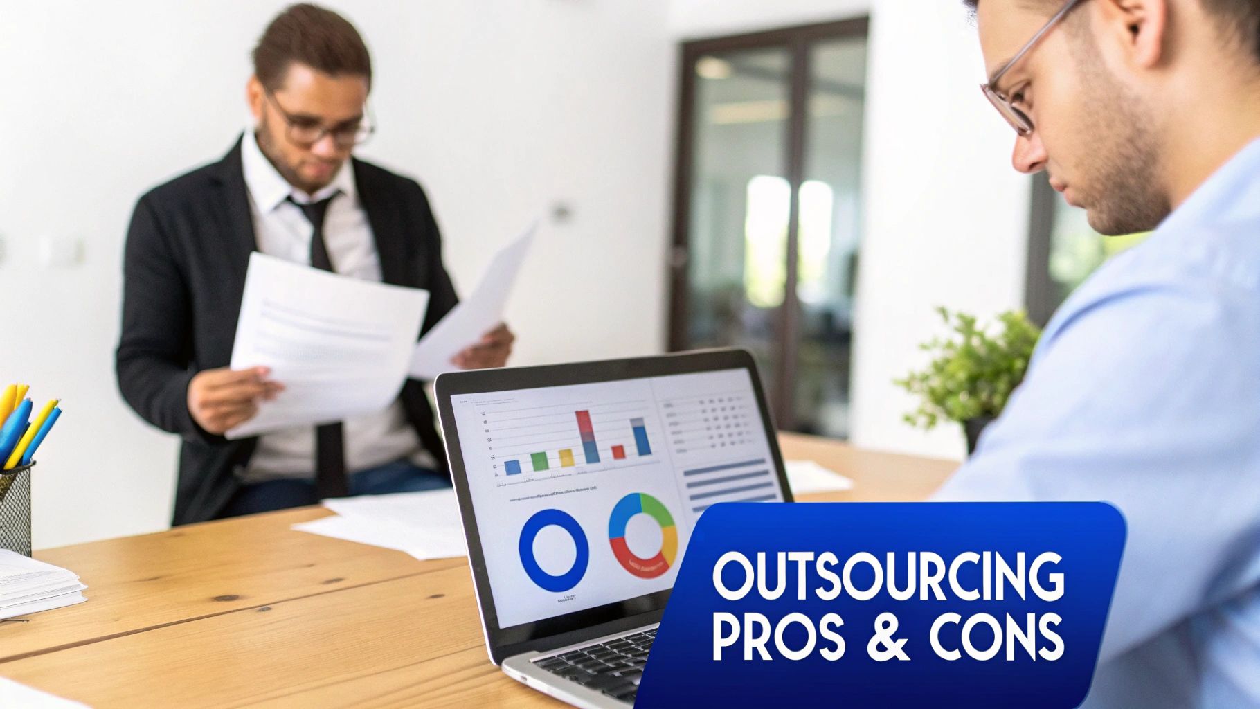 A team collaborating around a table, discussing the pros and cons of outsourcing.