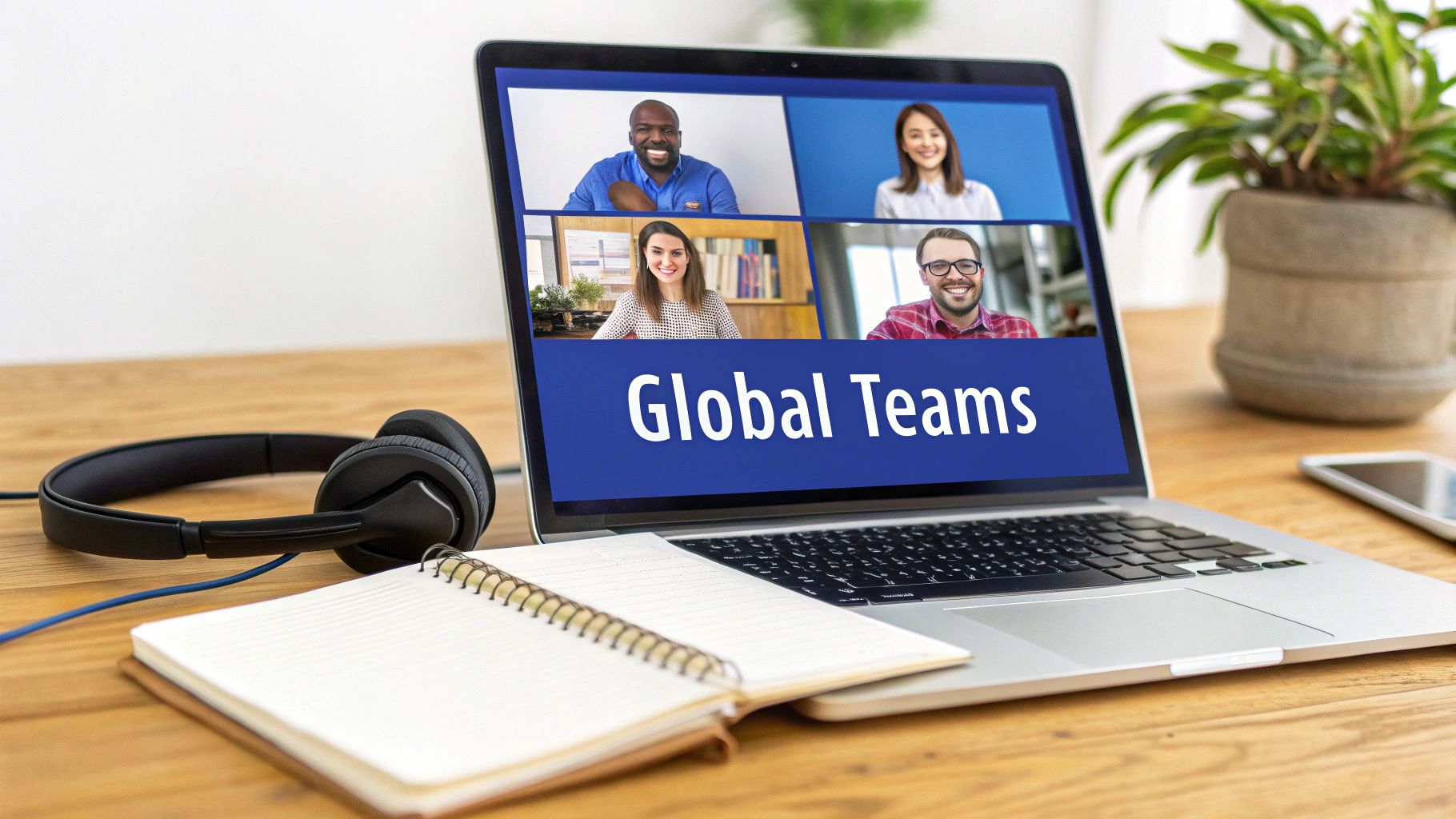 People collaborating around a table with a world map in the background, symbolising global communication