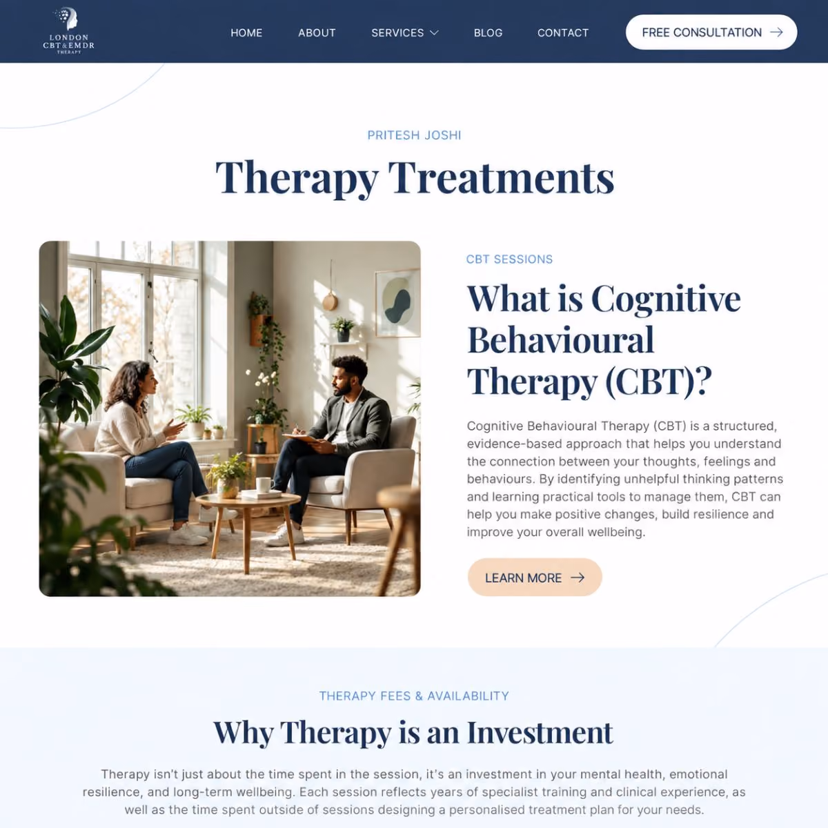 CBT & EMDR Therapy website shown on desktop and mobile devices.