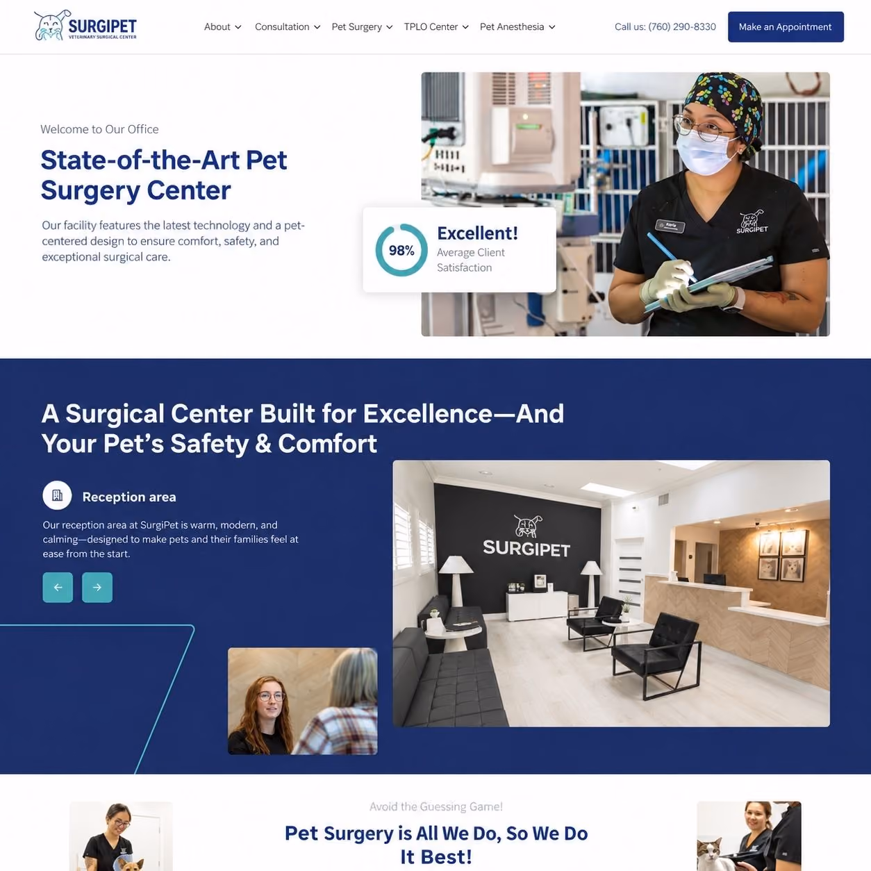 SurgiPet website shown on desktop and mobile devices.
