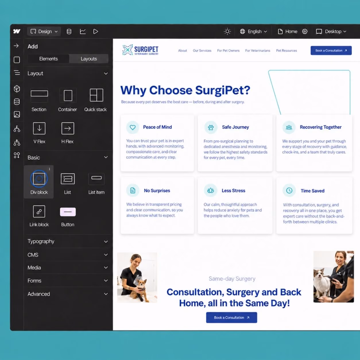 SurgiPet website shown on desktop and mobile devices.