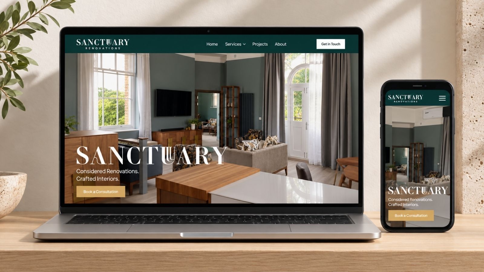 Strona Sanctuary — widok desktop i mobile.