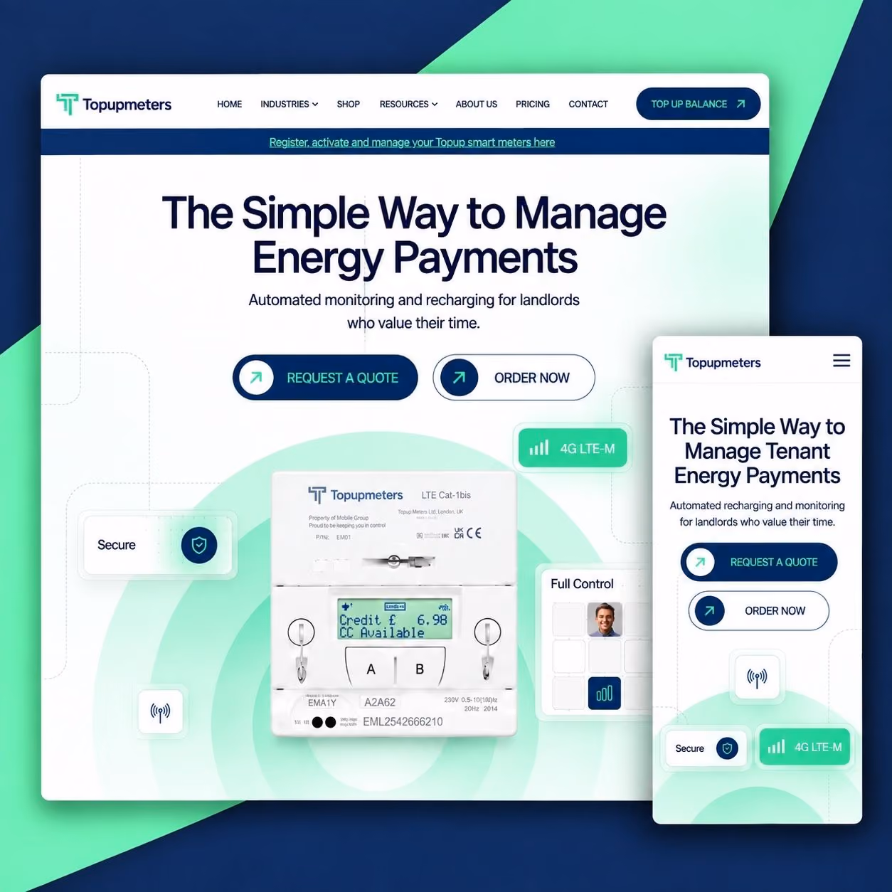 Topupmeters website shown on desktop and mobile devices.