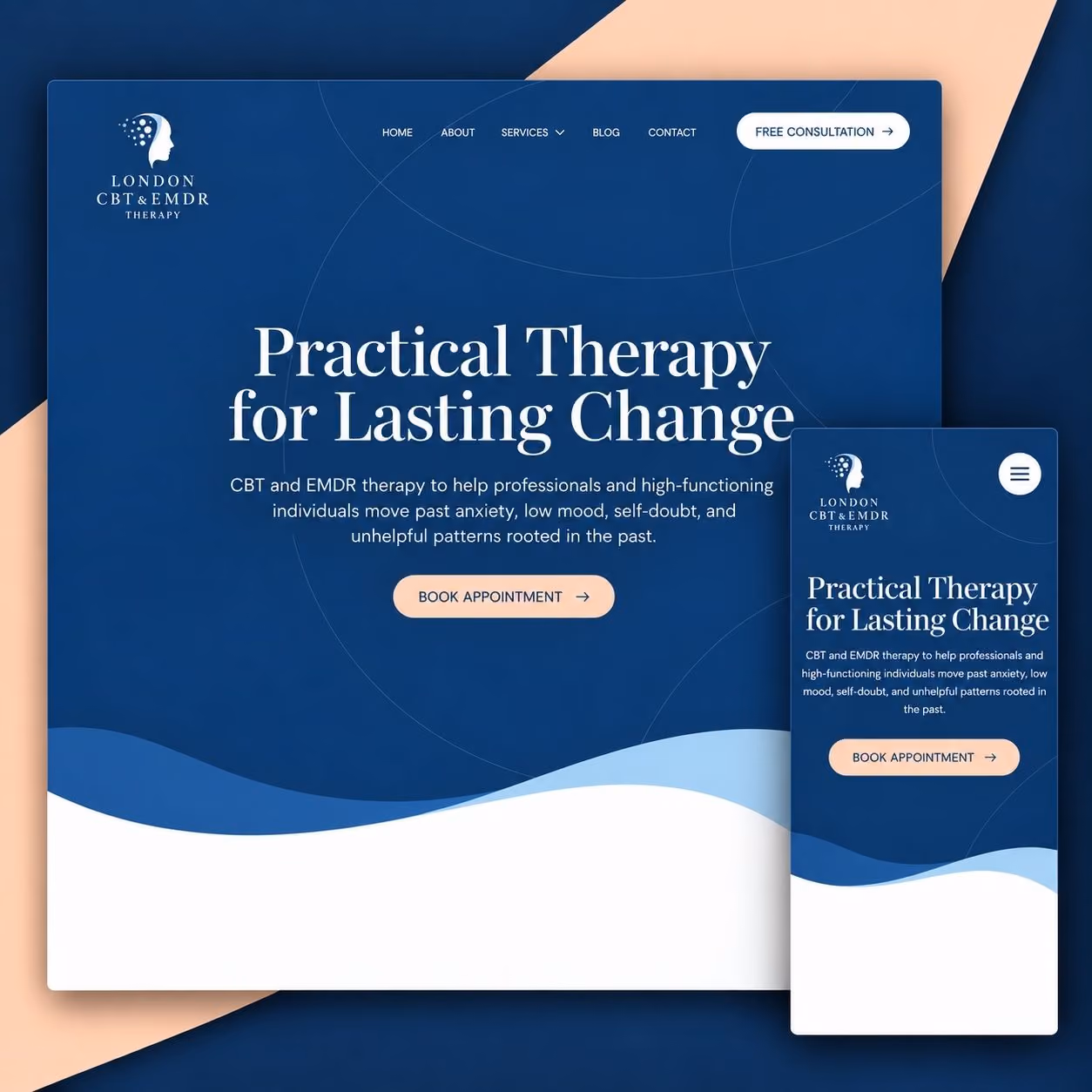 CBT & EMDR Therapy website shown on desktop and mobile devices.