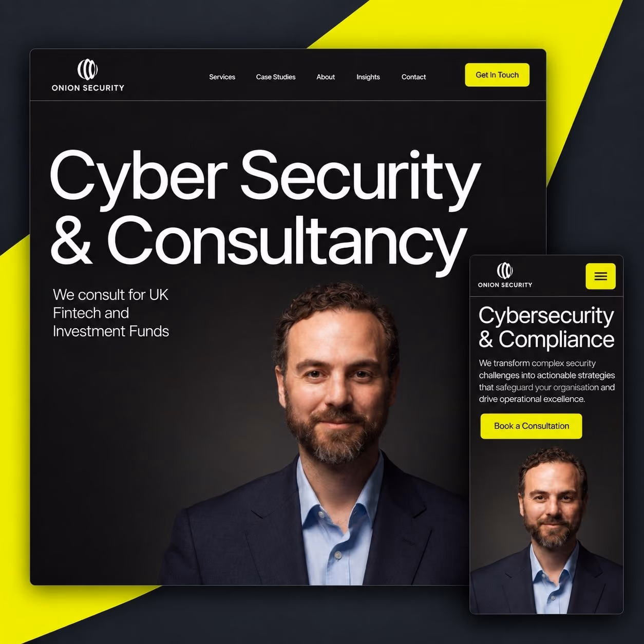 Onion Security website shown on desktop and mobile devices.