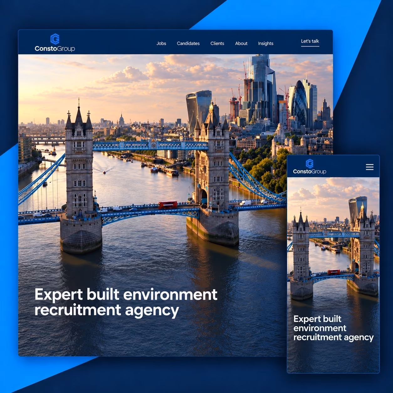 Consto Group website shown on desktop and mobile devices.