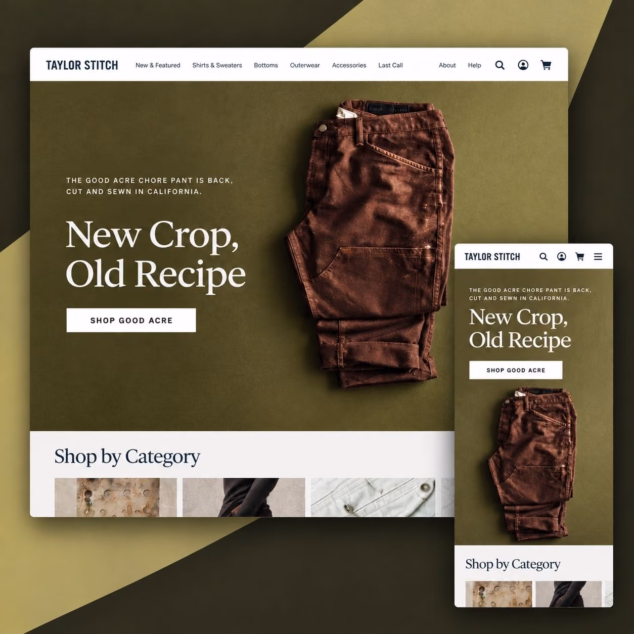 Taylor Stitch website shown on desktop and mobile devices.