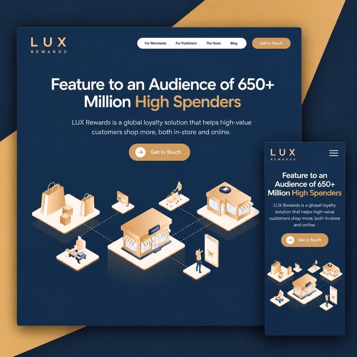 LUX Rewards website shown on desktop and mobile devices.