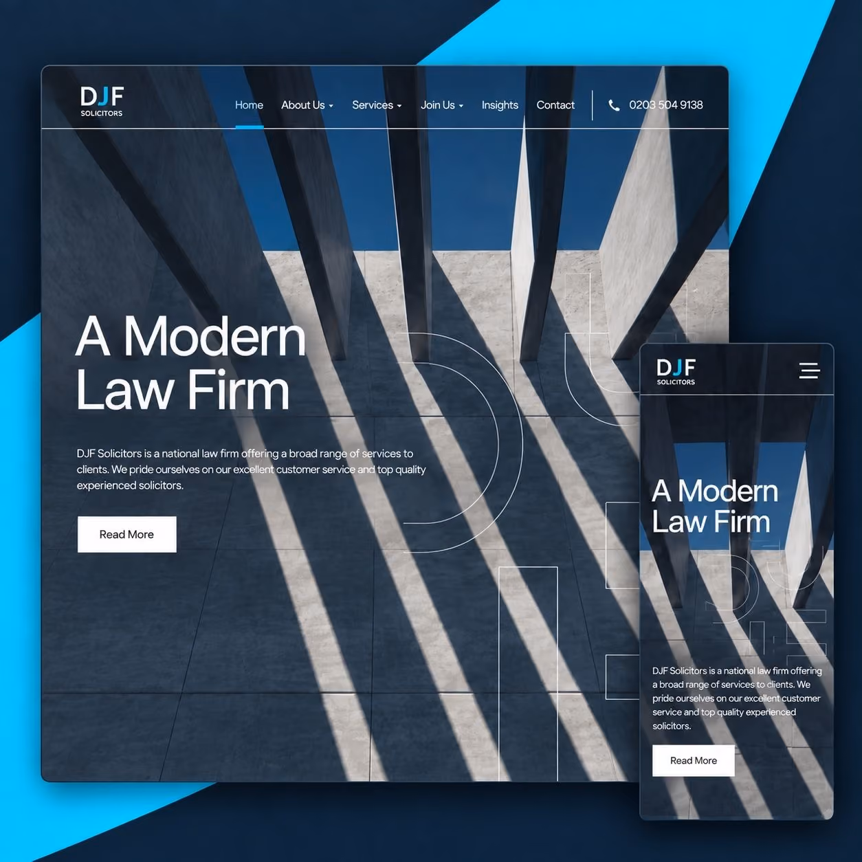 DJF Solicitors website shown on desktop and mobile devices.
