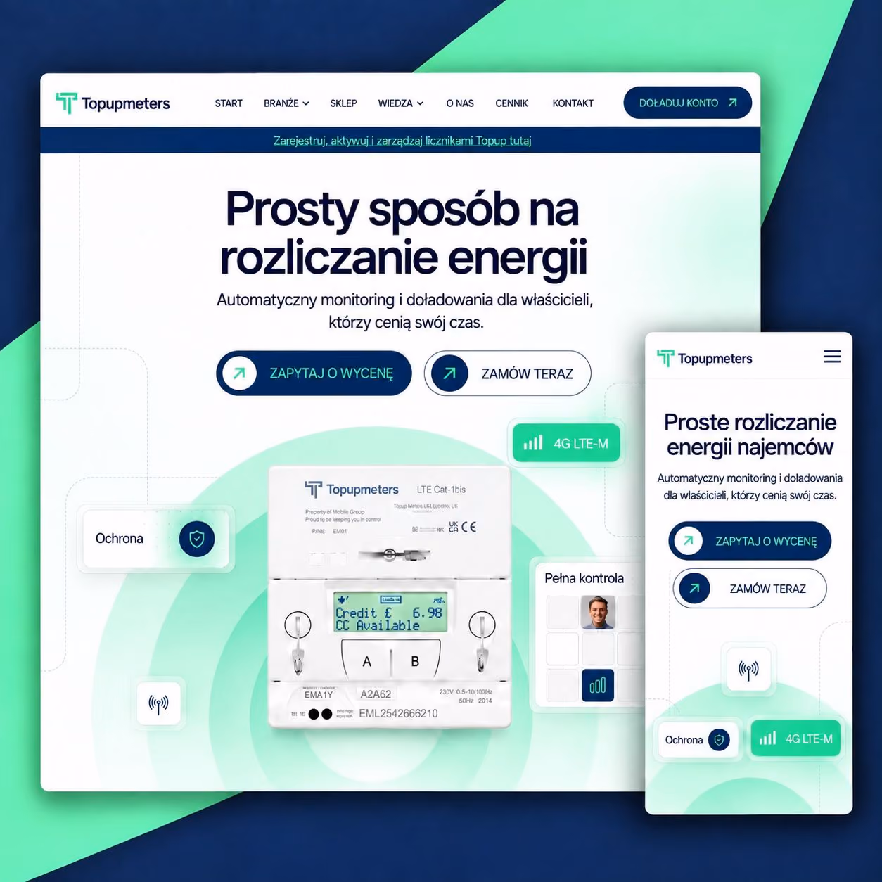 Strona Topupmeters — widok desktop i mobile.