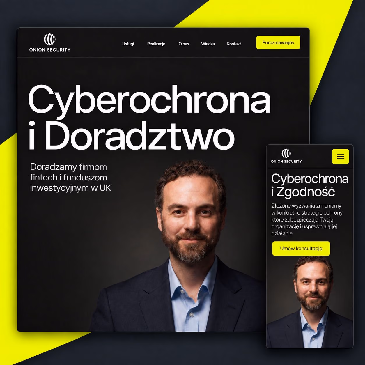 Strona Onion Security — widok desktop i mobile.