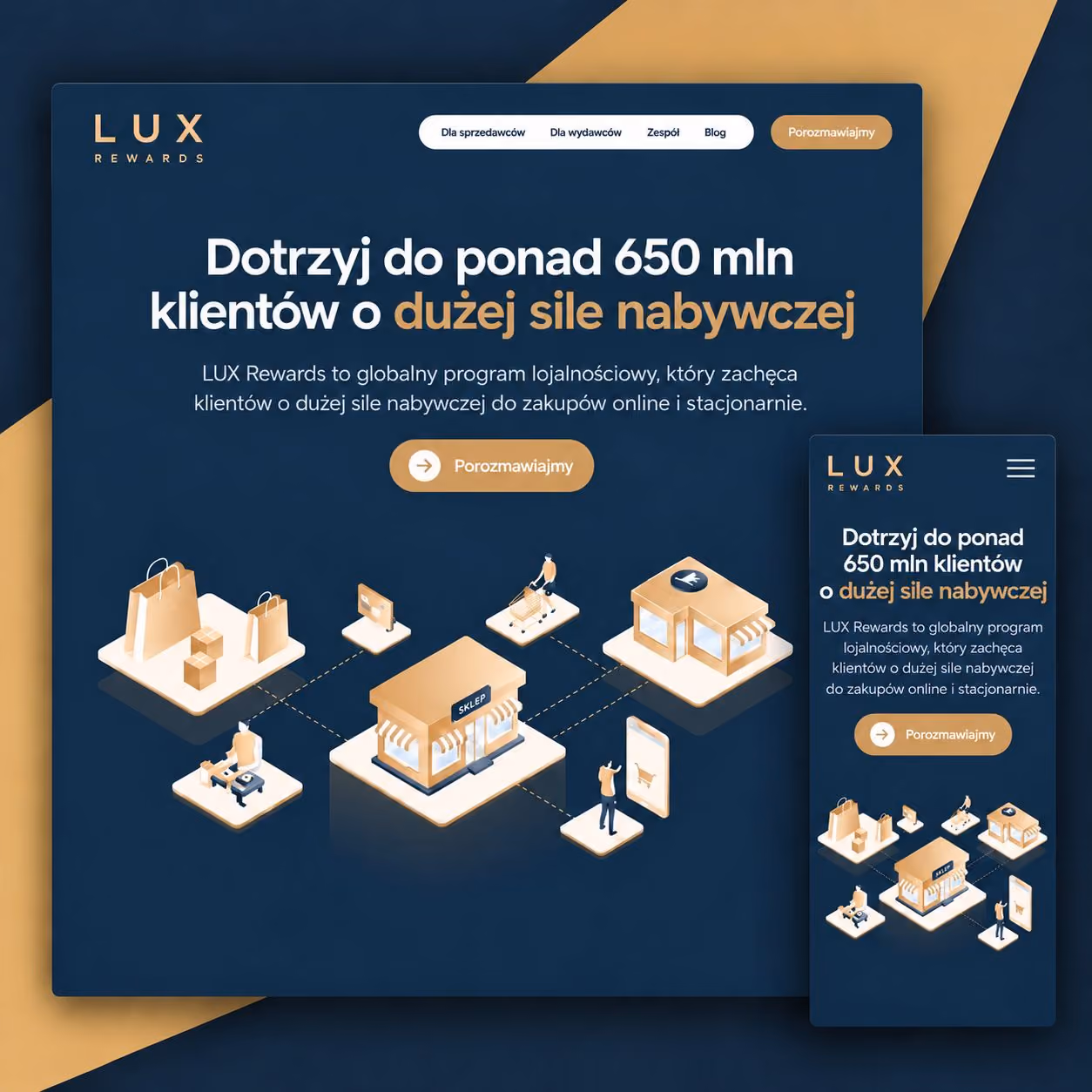 Strona LUX Rewards — widok desktop i mobile.
