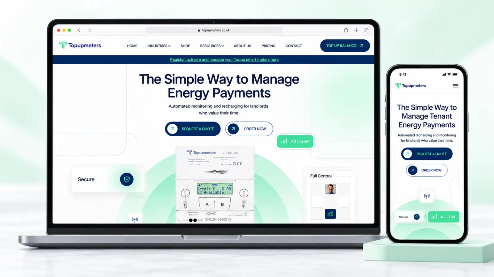 Topupmeters website shown on desktop and mobile devices.