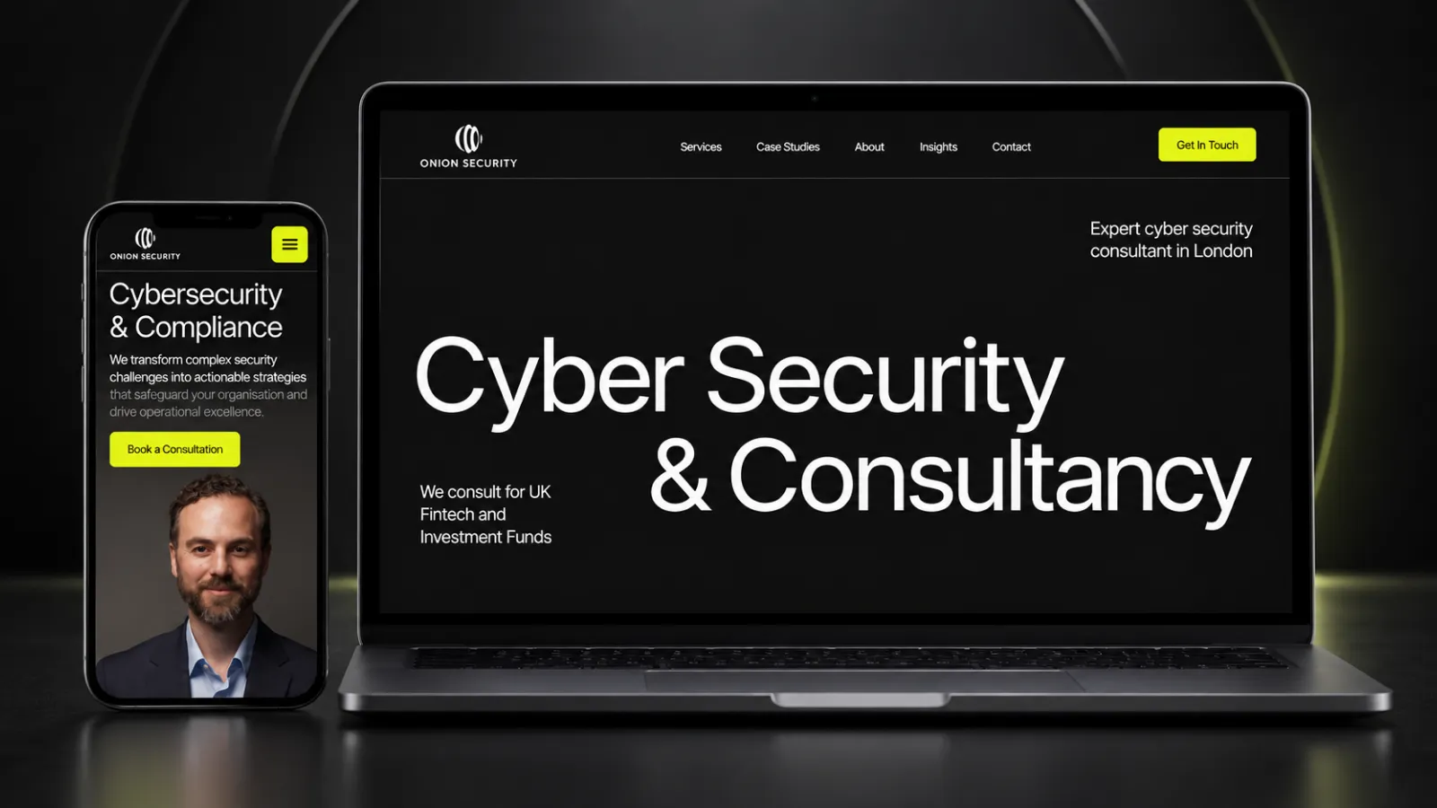 Onion Security website shown on desktop and mobile devices.