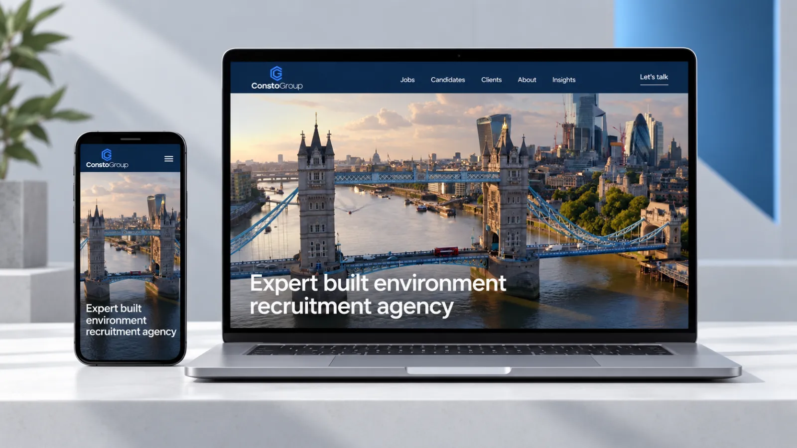 Consto Group website shown on desktop and mobile devices.