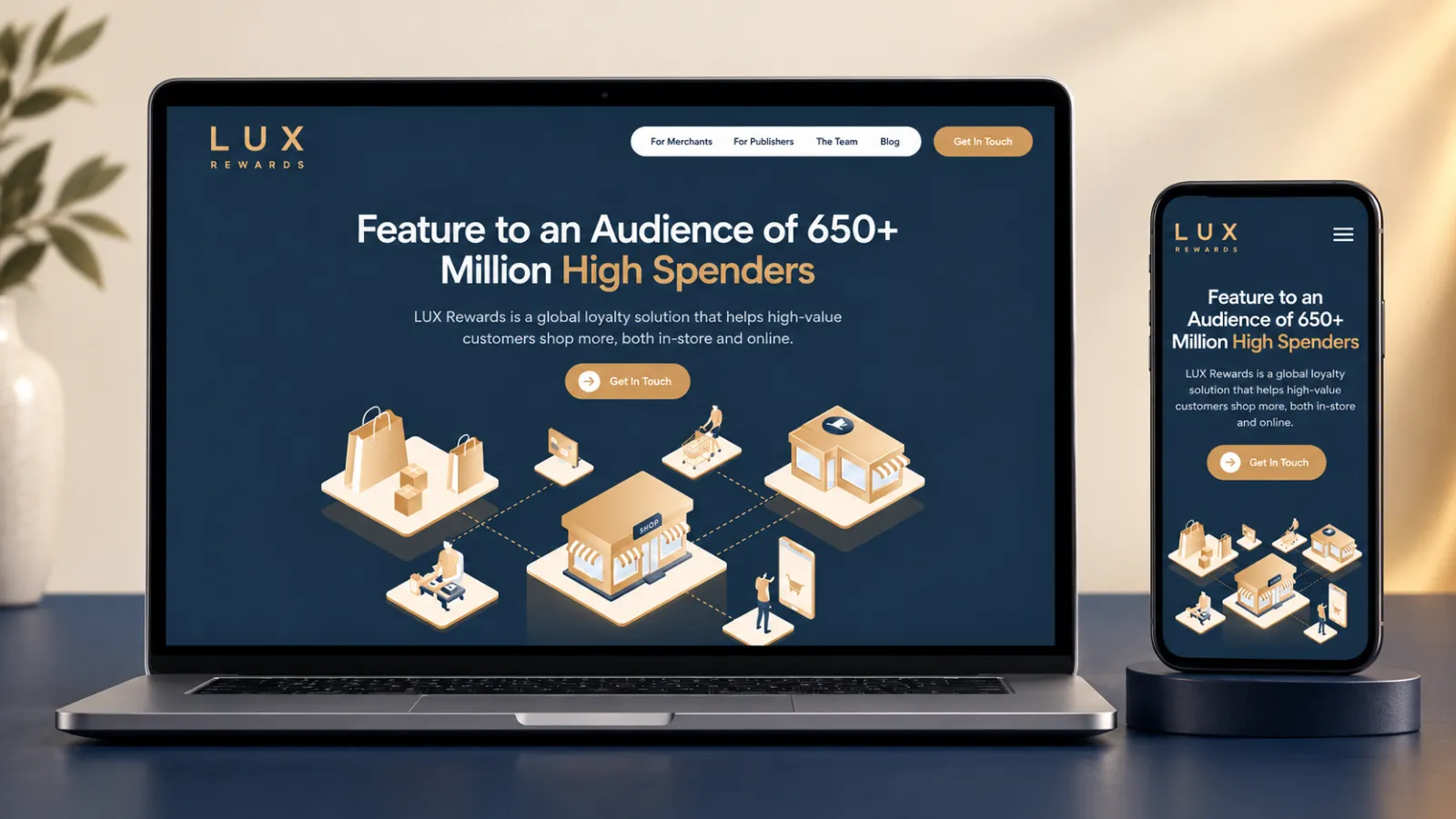 LUX Rewards website shown on desktop and mobile devices.