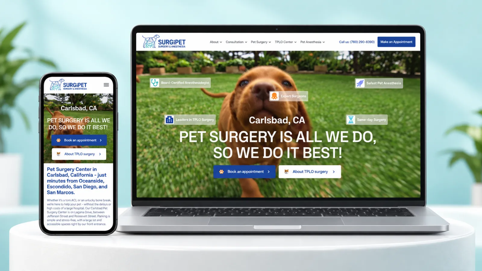 SurgiPet website shown on desktop and mobile devices.