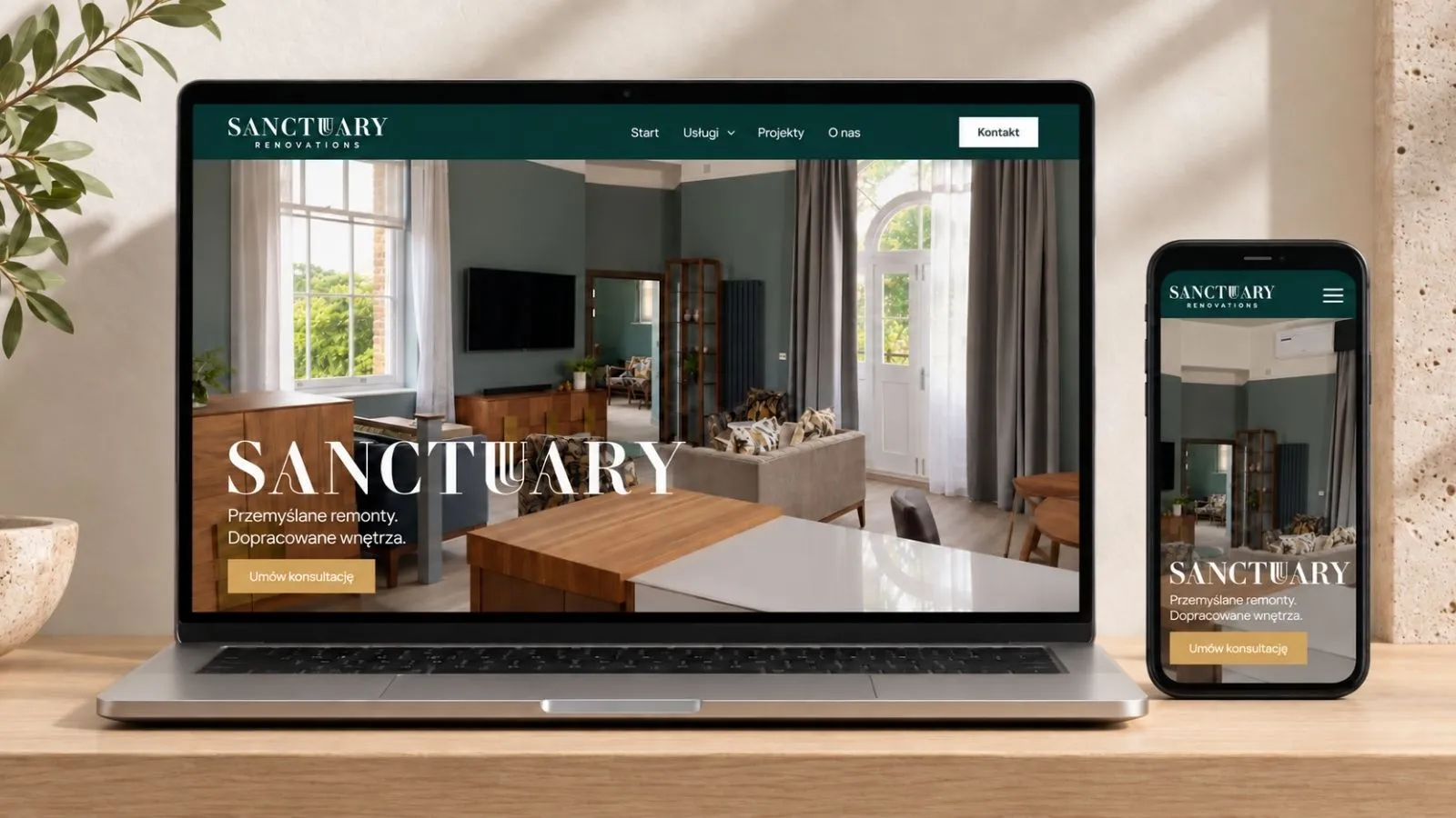 Strona Sanctuary — widok desktop i mobile.