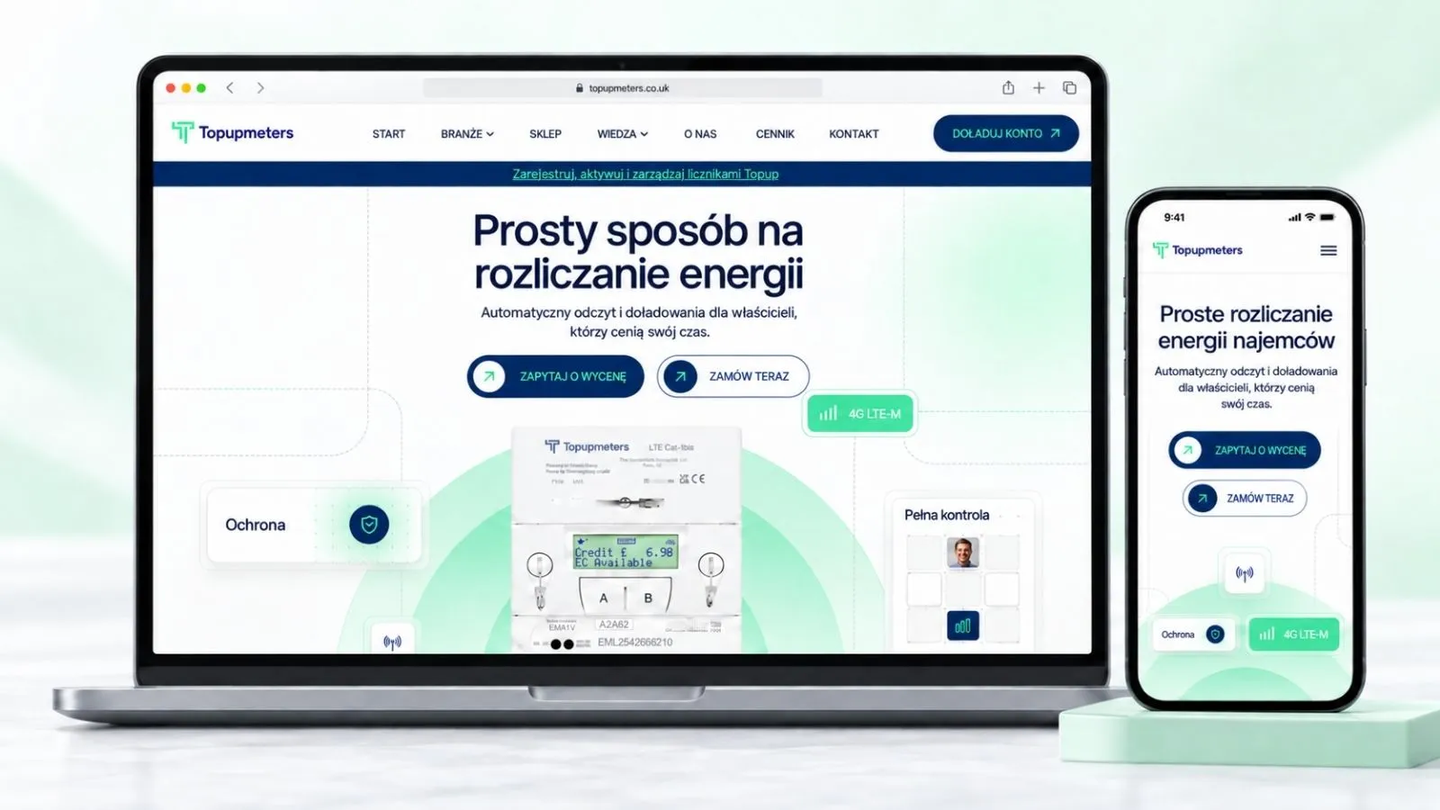 Strona Topupmeters — widok desktop i mobile.