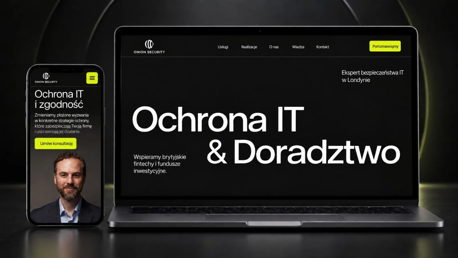 Strona Onion Security — widok desktop i mobile.