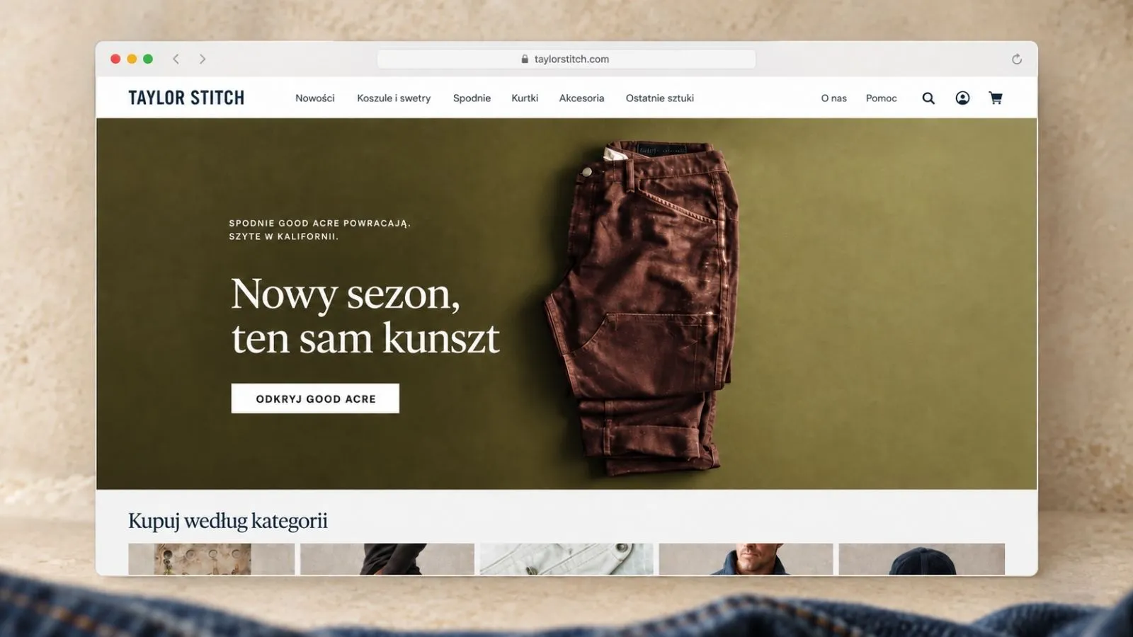 Strona Taylor Stitch — widok desktop i mobile.