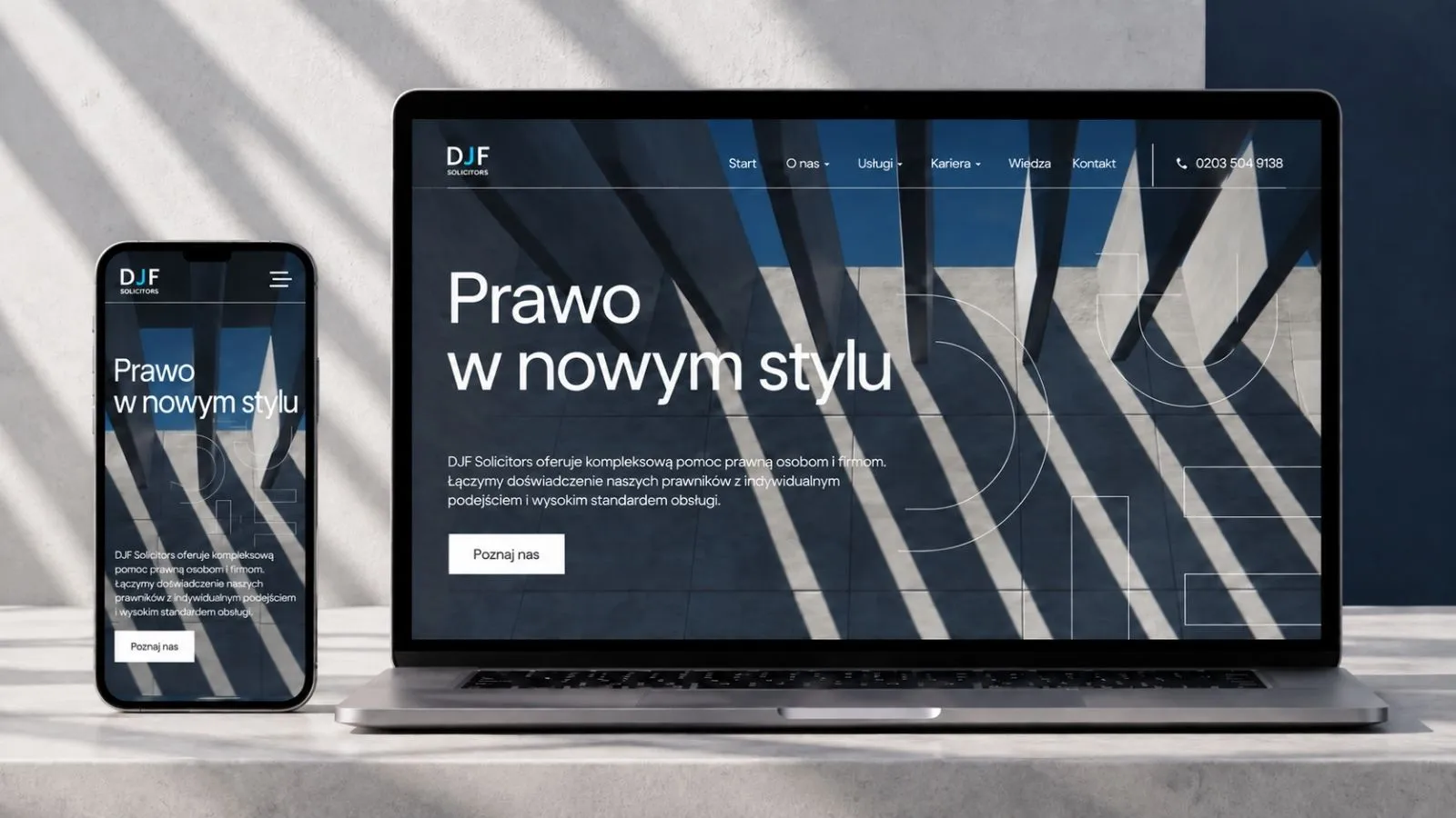 Strona DJF Solicitors — widok desktop i mobile.