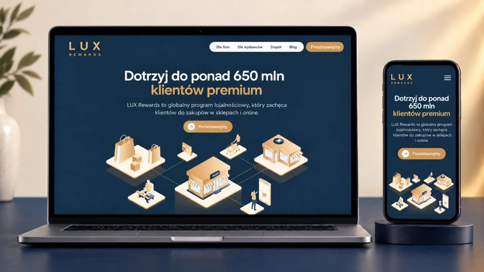 Strona LUX Rewards — widok desktop i mobile.