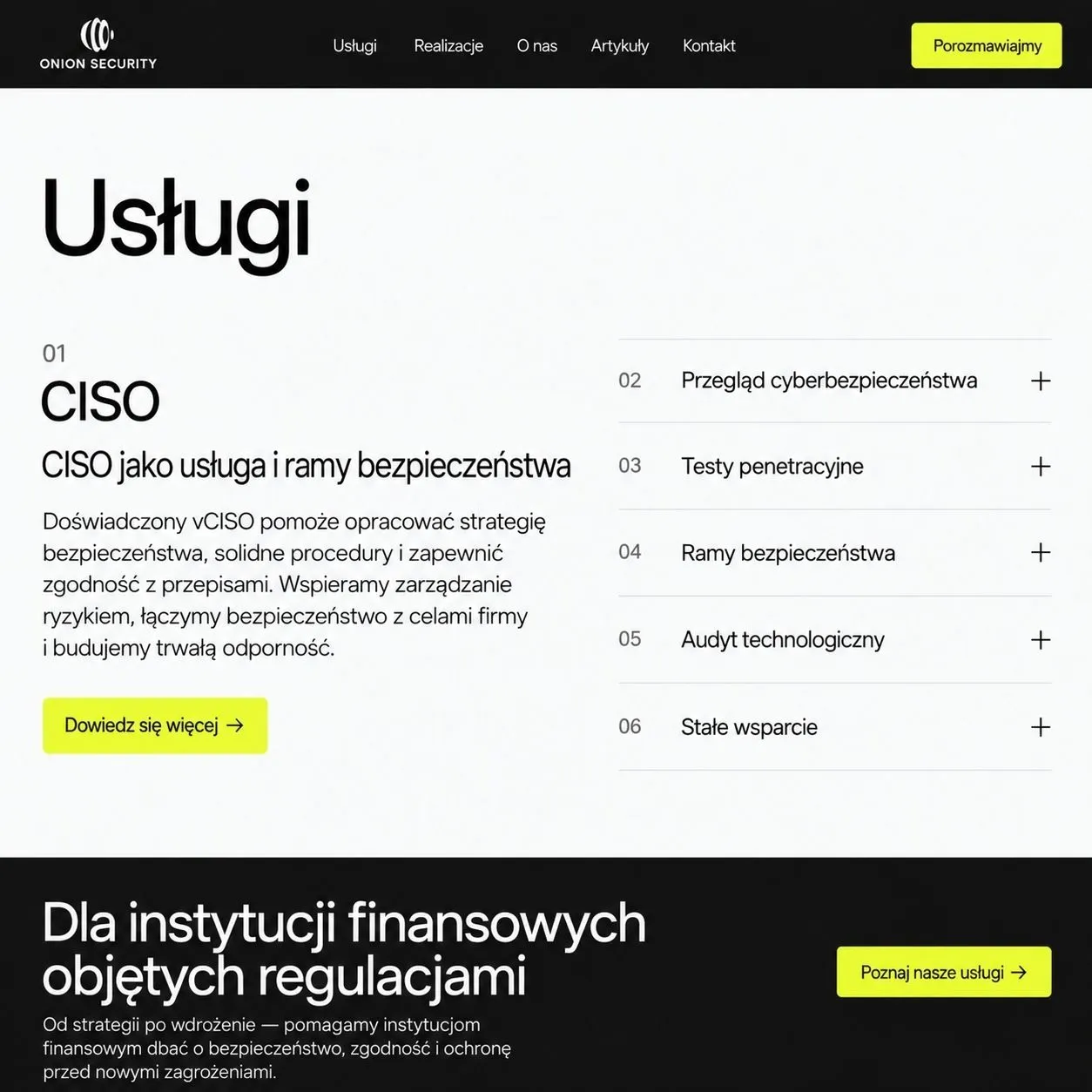 Strona Onion Security — widok desktop i mobile.